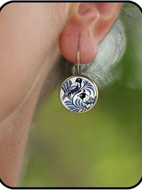 Bird Leverback Earrings Blue White Round Resin Earrings Nature Retro Round Trend